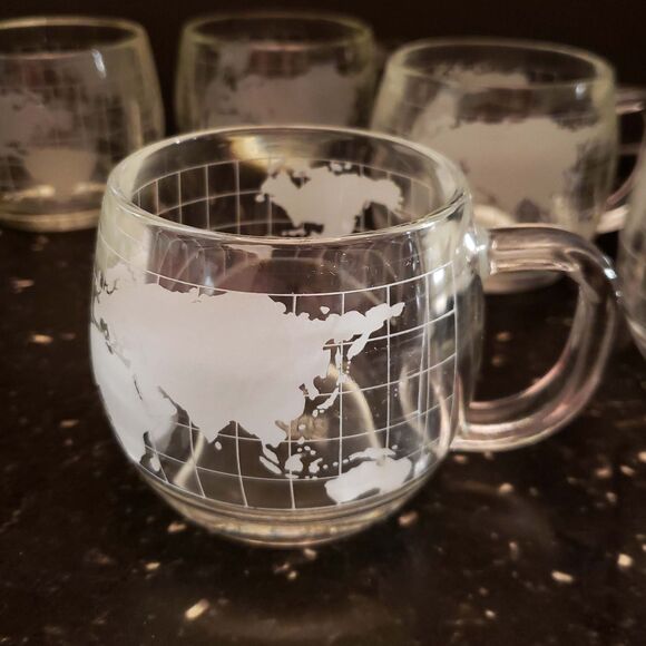 Nestle Nescafe Coffee Cup Mugs World Map Globe Clear Etched Glass Vintage set 6 - Picture 5 of 15